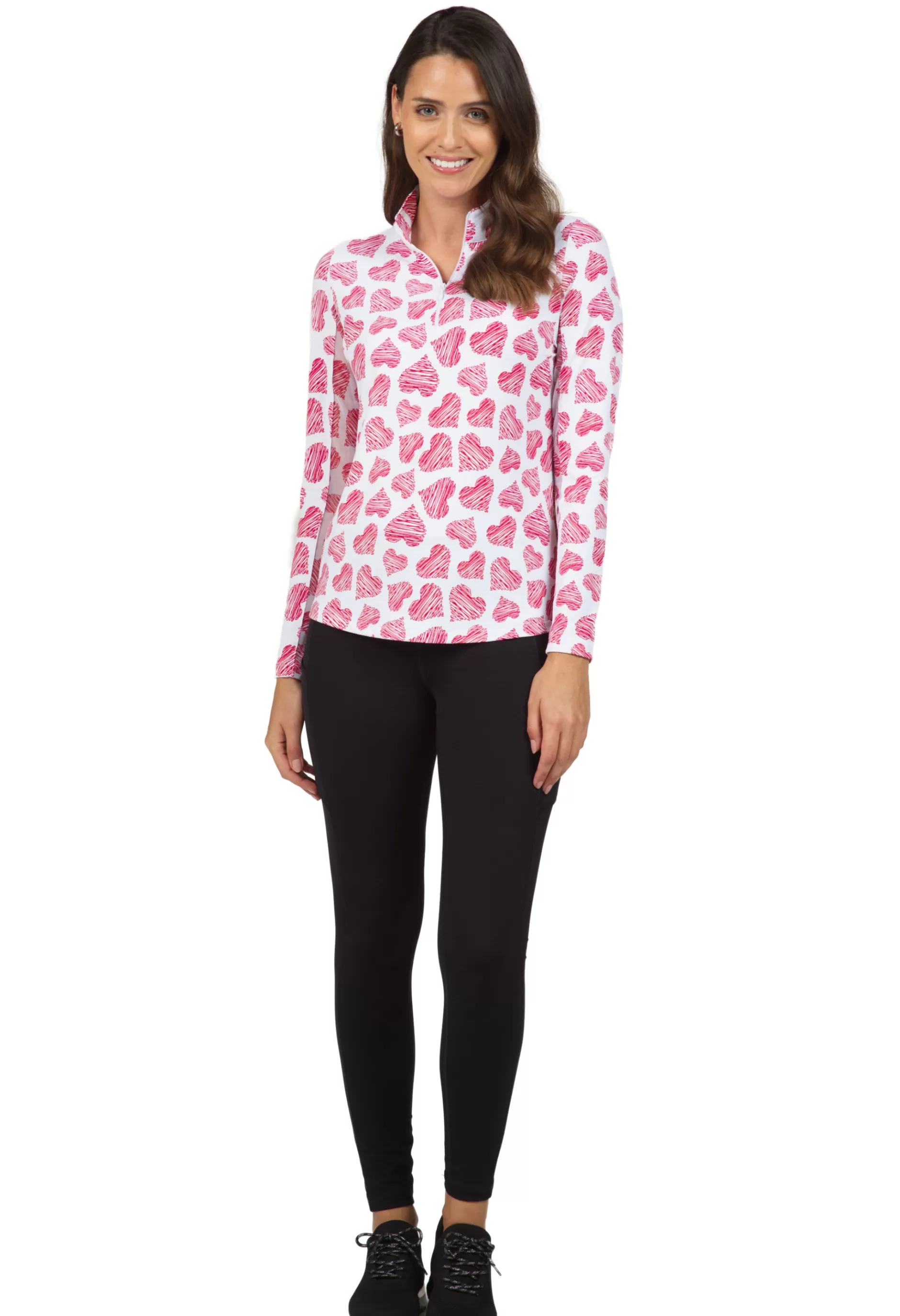 Scribble Hearts Print Long Sleeve Mock Neck Top 10489^IBKUL Clearance